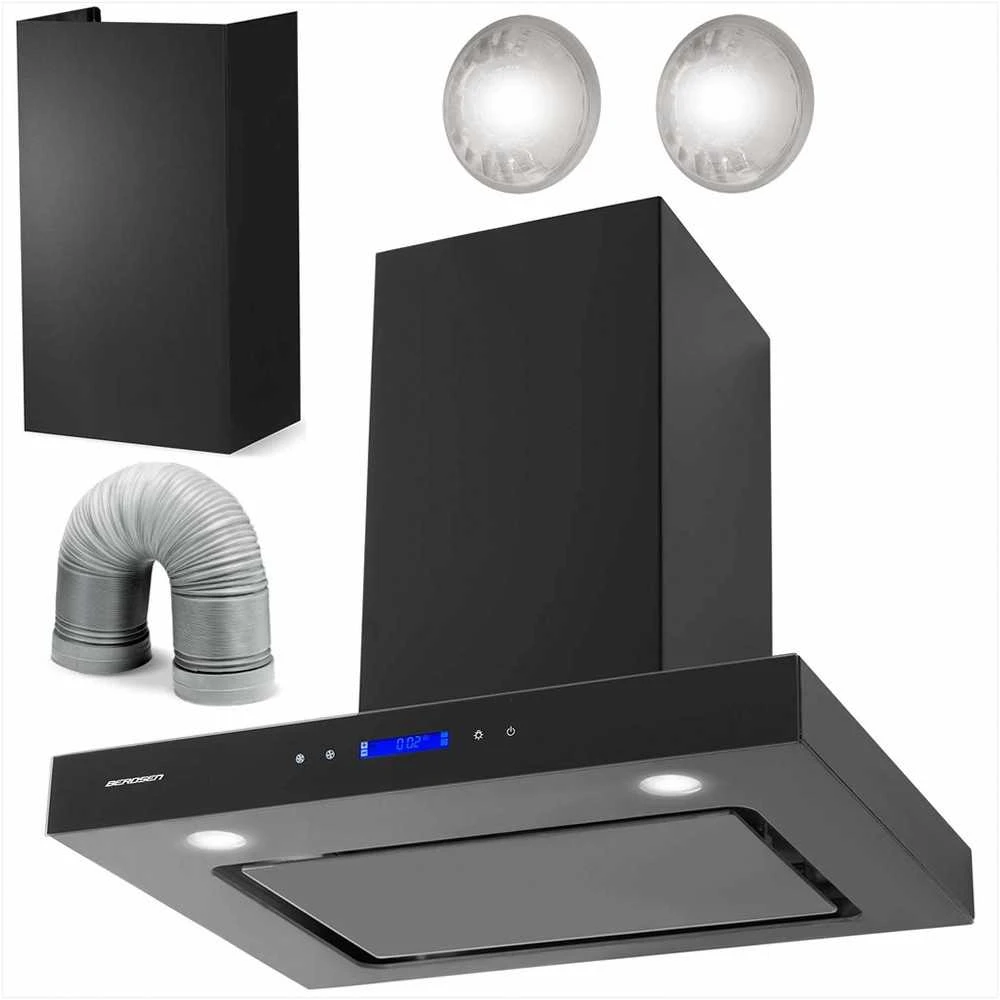 Berdsen 60 cm juodas virtuvės gartraukis, kamininis, didelio efektyvumo, LED apšvietimas, modernus dizainas