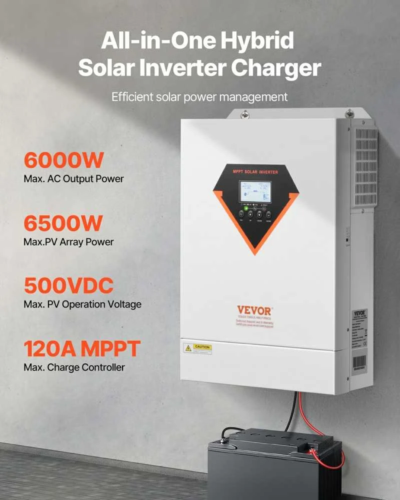 VEVOR Hibridinis saulės inverteris su įkrovikliu 6000W