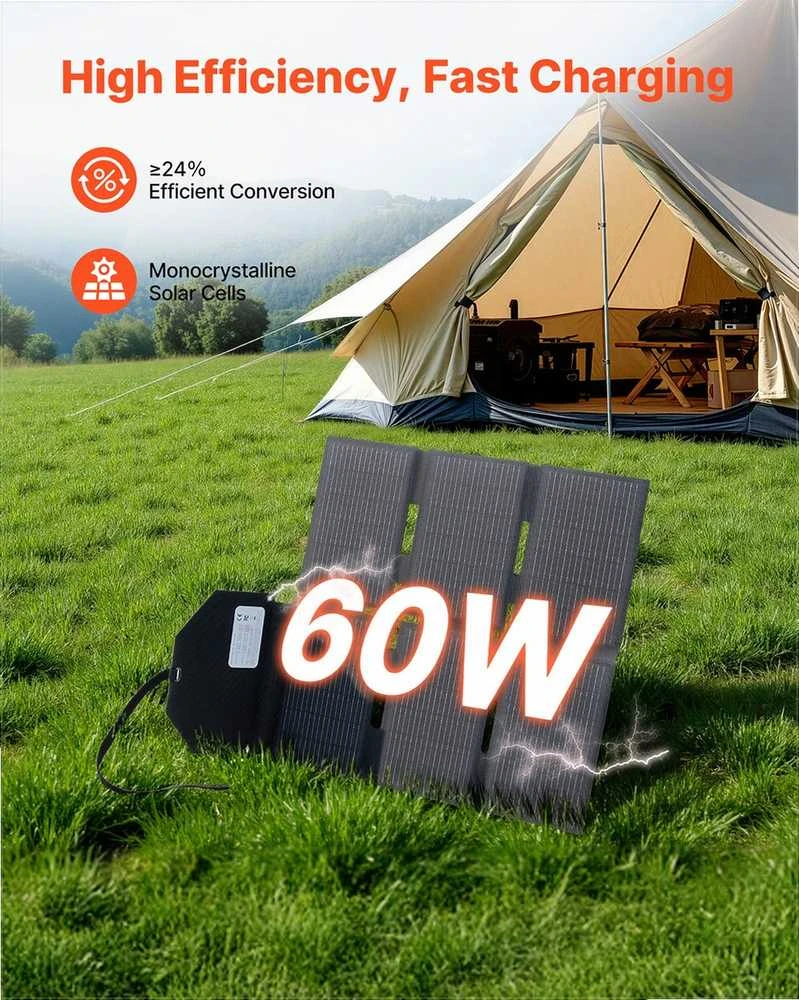 60W sulankstomas saulės baterijų įkroviklis kempingui ir žygiams, lengvas nešiojamas didelio efektyvumo, saulės energijos įkroviklis lauko nuotykiams, mobili saulės jėgainė