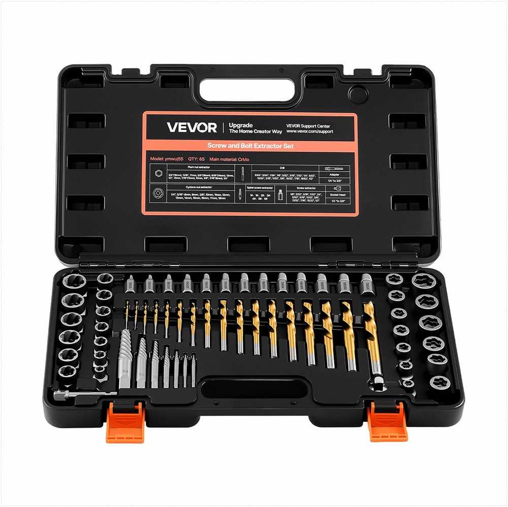 VEVOR 65 dalių varžtų išsukėjų ir grąžtų rinkinys, Cr-Mo plieno varžtų išėmimo komplektas su adapteriais ir dėklu, sulūžusių detalių išsukimo įrankiai, profesionalus serviso rinkinys
