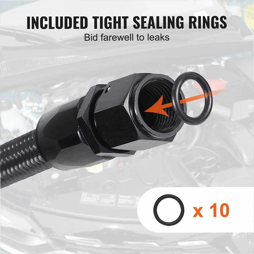 6AN kuro linijos rinkinys, 6.096 m nailono ir nerūdijančio plieno pinto tipo žarna, 12 sukamųjų jungčių adapterių rinkinys, alyvos ir dyzelino žarnos antgalių komplektas, kuro sistemos dalys