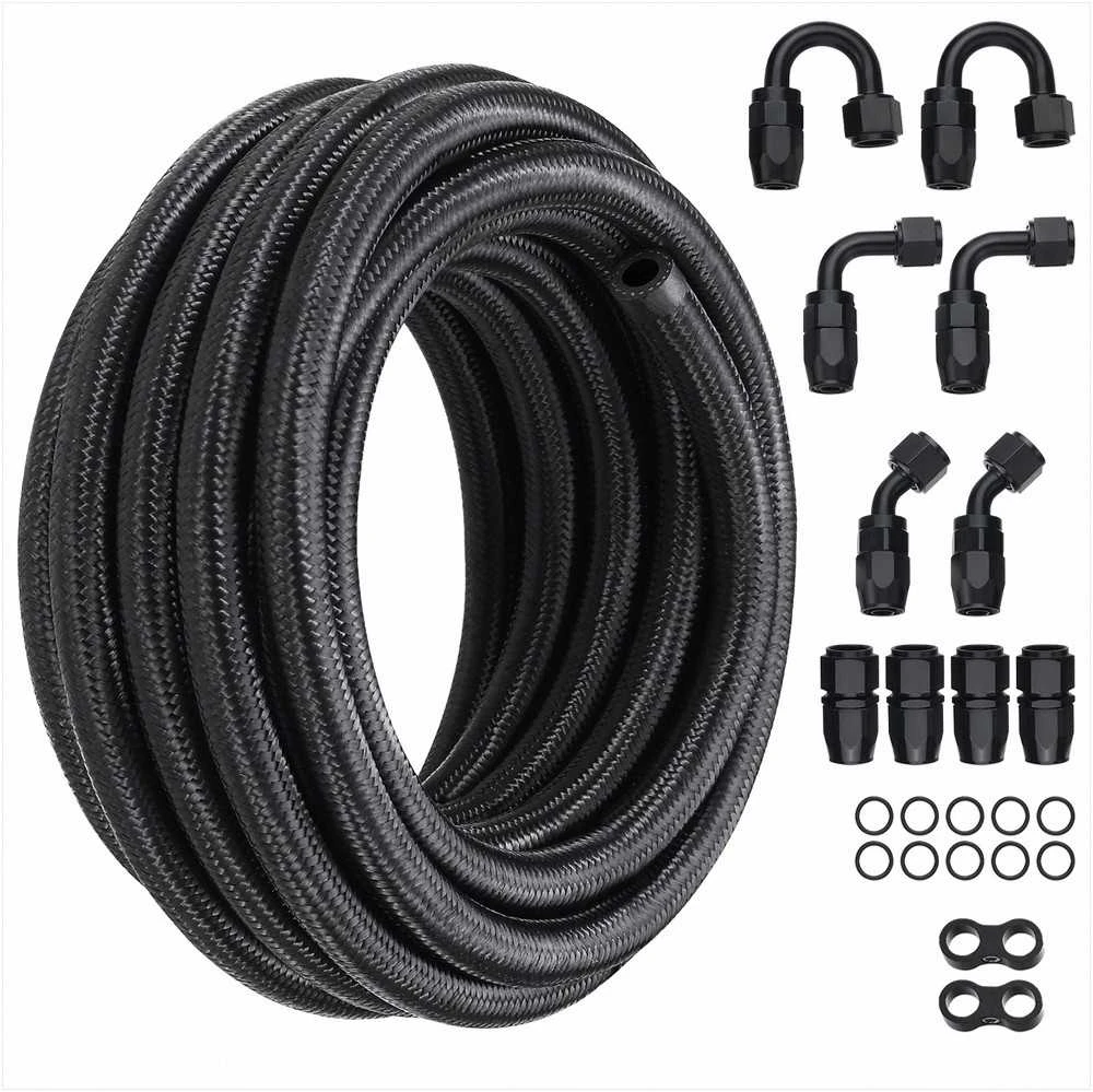 6AN kuro linijos rinkinys, 6.096 m nailono ir nerūdijančio plieno pinto tipo žarna, 12 sukamųjų jungčių adapterių rinkinys, alyvos ir dyzelino žarnos antgalių komplektas, kuro sistemos dalys