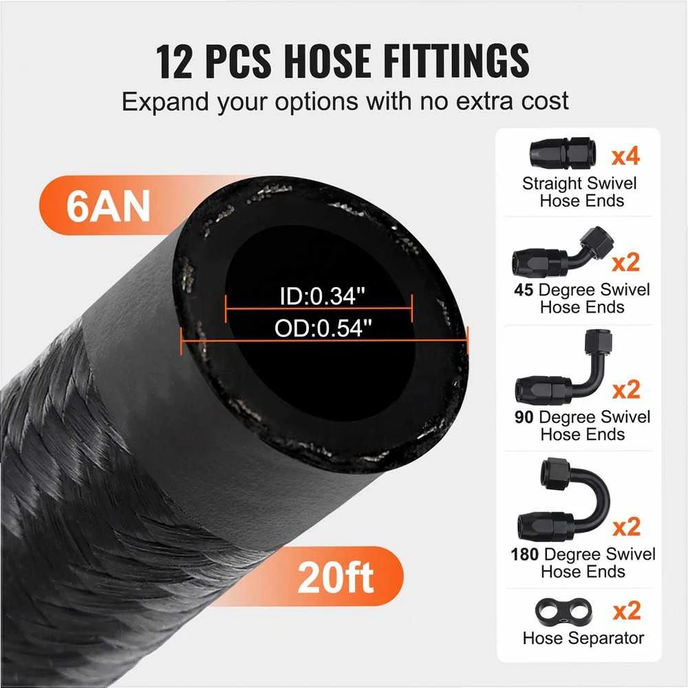 6AN kuro linijos rinkinys, 6.096 m nailono ir nerūdijančio plieno pinto tipo žarna, 12 sukamųjų jungčių adapterių rinkinys, alyvos ir dyzelino žarnos antgalių komplektas, kuro sistemos dalys