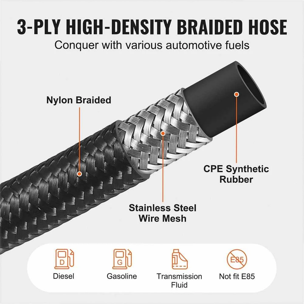 6AN kuro linijos rinkinys, 6.096 m nailono ir nerūdijančio plieno pinto tipo žarna, 12 sukamųjų jungčių adapterių rinkinys, alyvos ir dyzelino žarnos antgalių komplektas, kuro sistemos dalys