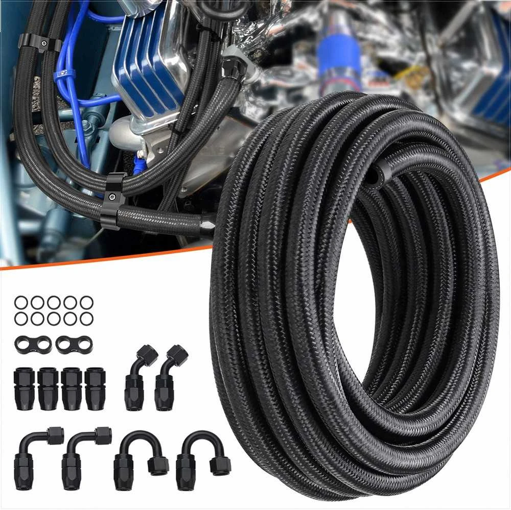 6AN kuro linijos rinkinys, 6.096 m nailono ir nerūdijančio plieno pinto tipo žarna, 12 sukamųjų jungčių adapterių rinkinys, alyvos ir dyzelino žarnos antgalių komplektas, kuro sistemos dalys