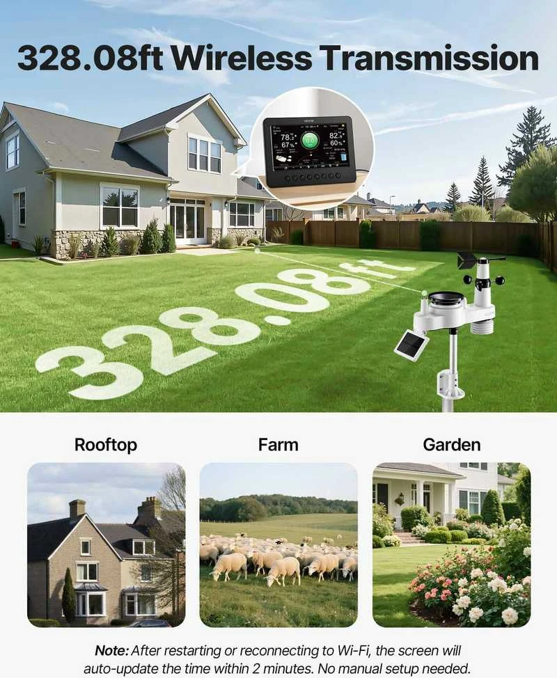 7-in-1 Wi-Fi orų stotis, belaidė, maitinama saulės energija, kritulių, temperatūros, drėgmės, vėjo greičio, lauko ir vidaus prognozė