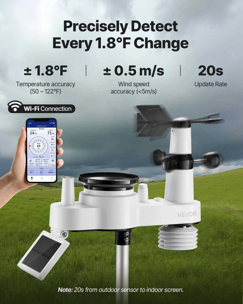 7-in-1 Wi-Fi orų stotis, su programėlės ryšiu, saulės energija maitinamu lauko jutikliu, kritulių matavimu, vidaus ir lauko temperatūros stebėjimu