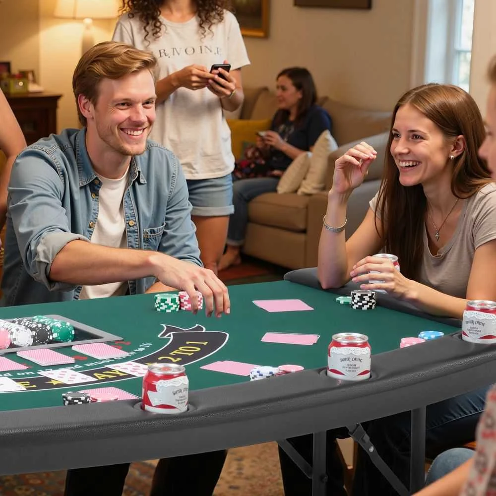 7 žaidėjų sulankstomas pokerio stalas, paminkštintas kazino žaidimų stalas, nešiojamas Texas Hold'em Blackjack stalas, pusiau ovalus veltinio stalas