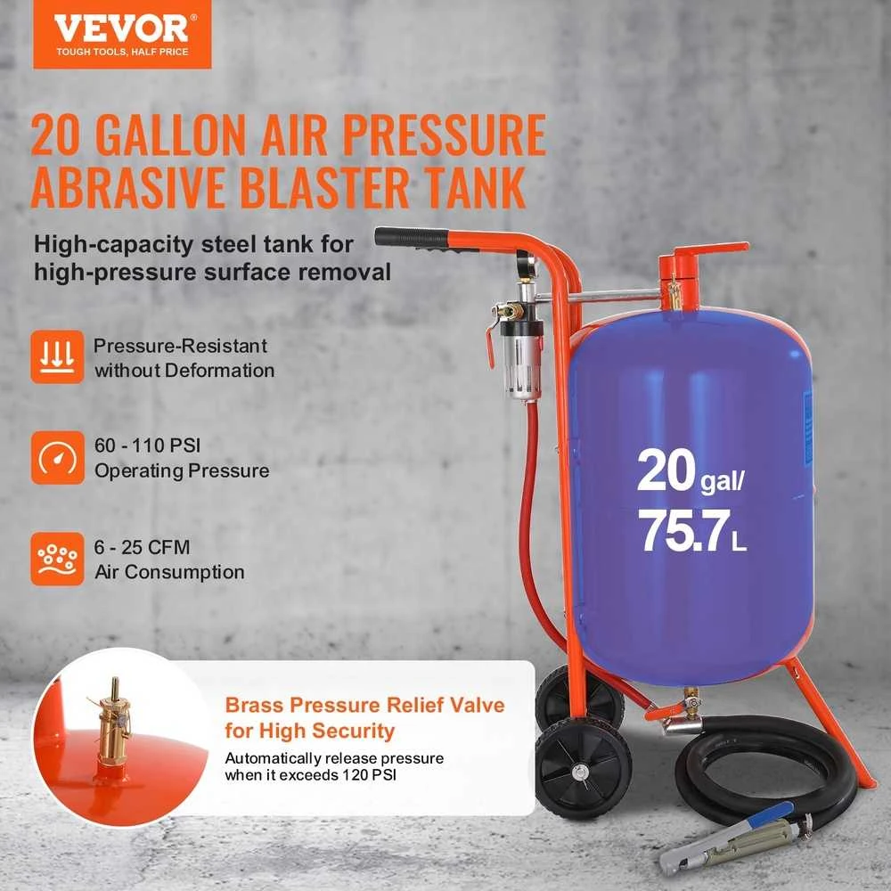 VEVOR 20 galonų smėliasrovė 60–110 PSI su 4 purkštukais