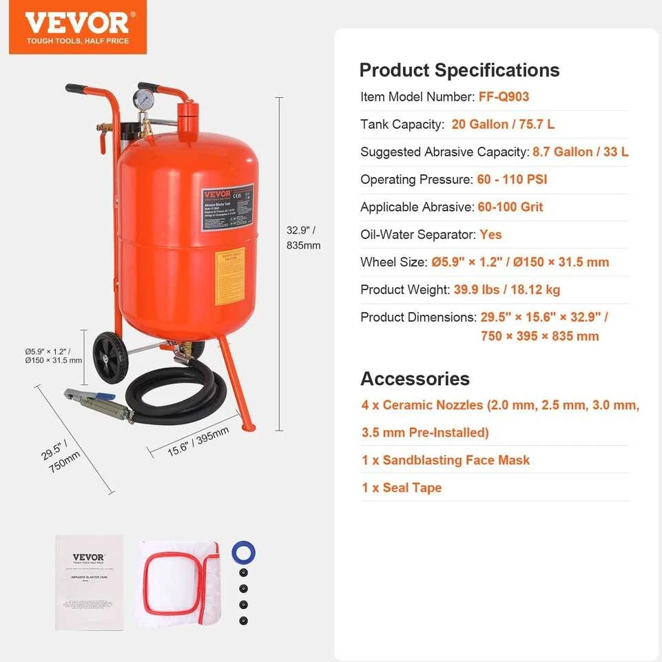 VEVOR 20 galonų smėliasrovė 60–110 PSI su 4 purkštukais