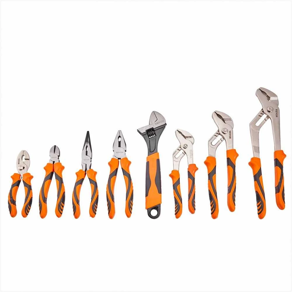 8 dalių anglinio plieno replių rinkinis universalioms užduotims, ergonomiškos rankenos, spyruoklinis mechanizmas, įrankių krepšys, įvairių dydžių replės ir veržliaraktis, montavimo įrankiai