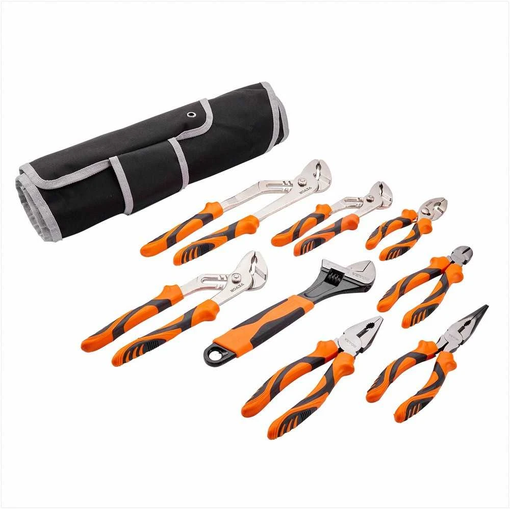 8 dalių anglinio plieno replių rinkinis universalioms užduotims, ergonomiškos rankenos, spyruoklinis mechanizmas, įrankių krepšys, įvairių dydžių replės ir veržliaraktis, montavimo įrankiai