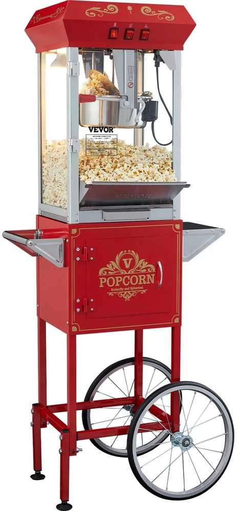 8 oz (0.23 kg) spragėsių aparatas su vežimėliu, 850 W raudonas, kino teatro stiliaus, namams ir komercinei paskirčiai, spragėsių gaminimo mašina