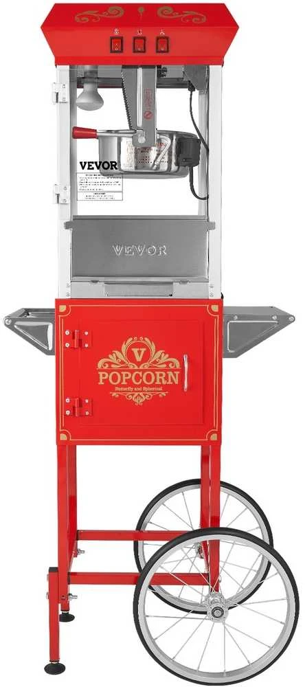 8 oz (0.23 kg) spragėsių aparatas su vežimėliu, 850 W raudonas, kino teatro stiliaus, namams ir komercinei paskirčiai, spragėsių gaminimo mašina