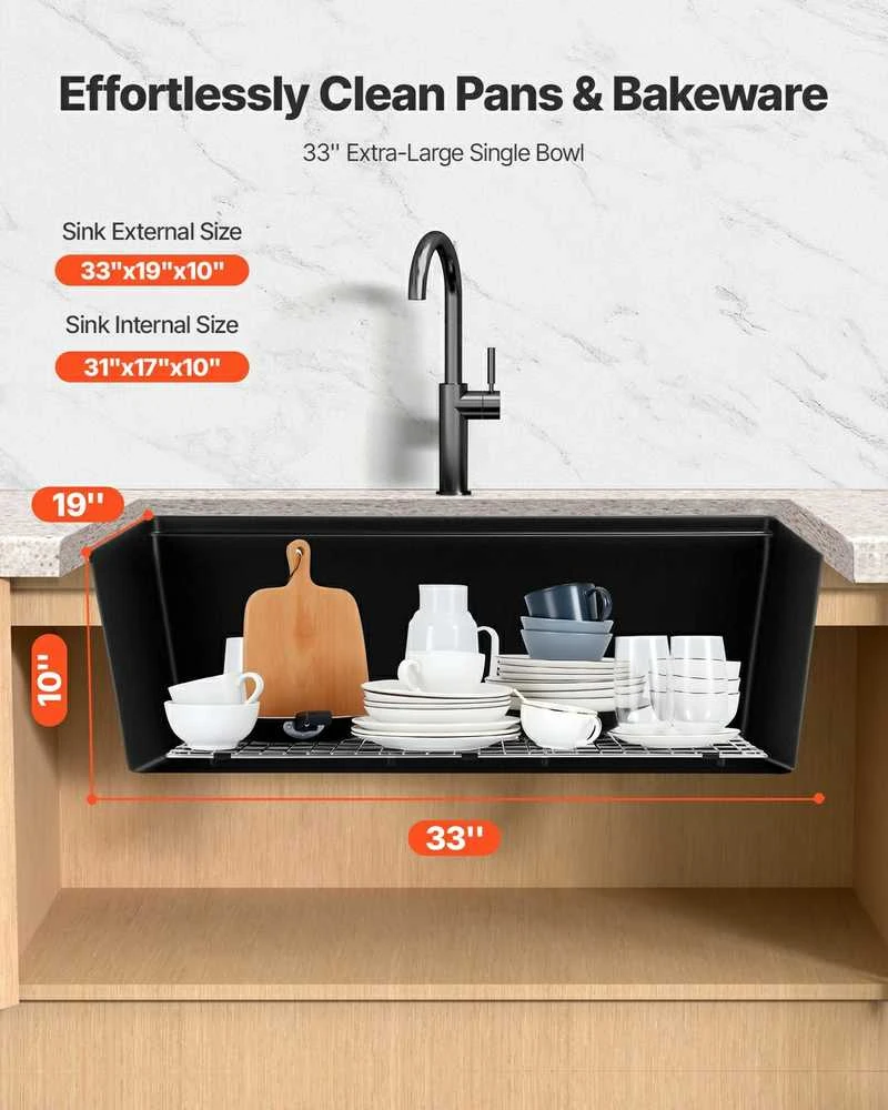 84 cm granito plautuvė virtuvei, po stalviršiu, juoda matinė, RV barui, lengvai valoma, kompozitinė, kemperio kriauklė, ilgaamžė