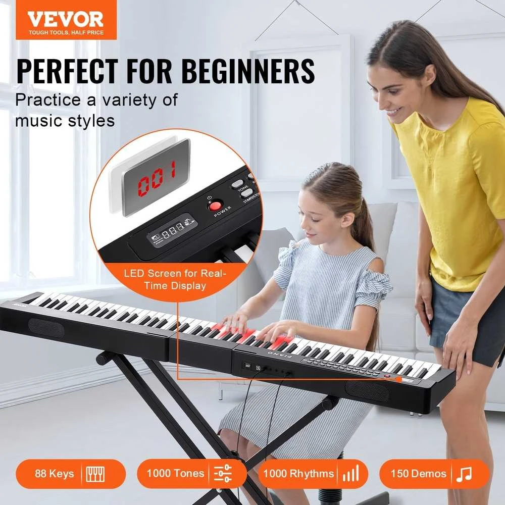 88 Klavišų Skaitmeninis Pianinas, Elektrinis Klaviatūra su Stovu Pradedantiesiems, Nešiojamas Pianinas su Ausinėmis, 1000 Tonų ir Ritmų, Pilno Dydžio Skaitmeninis Fortepijonas,