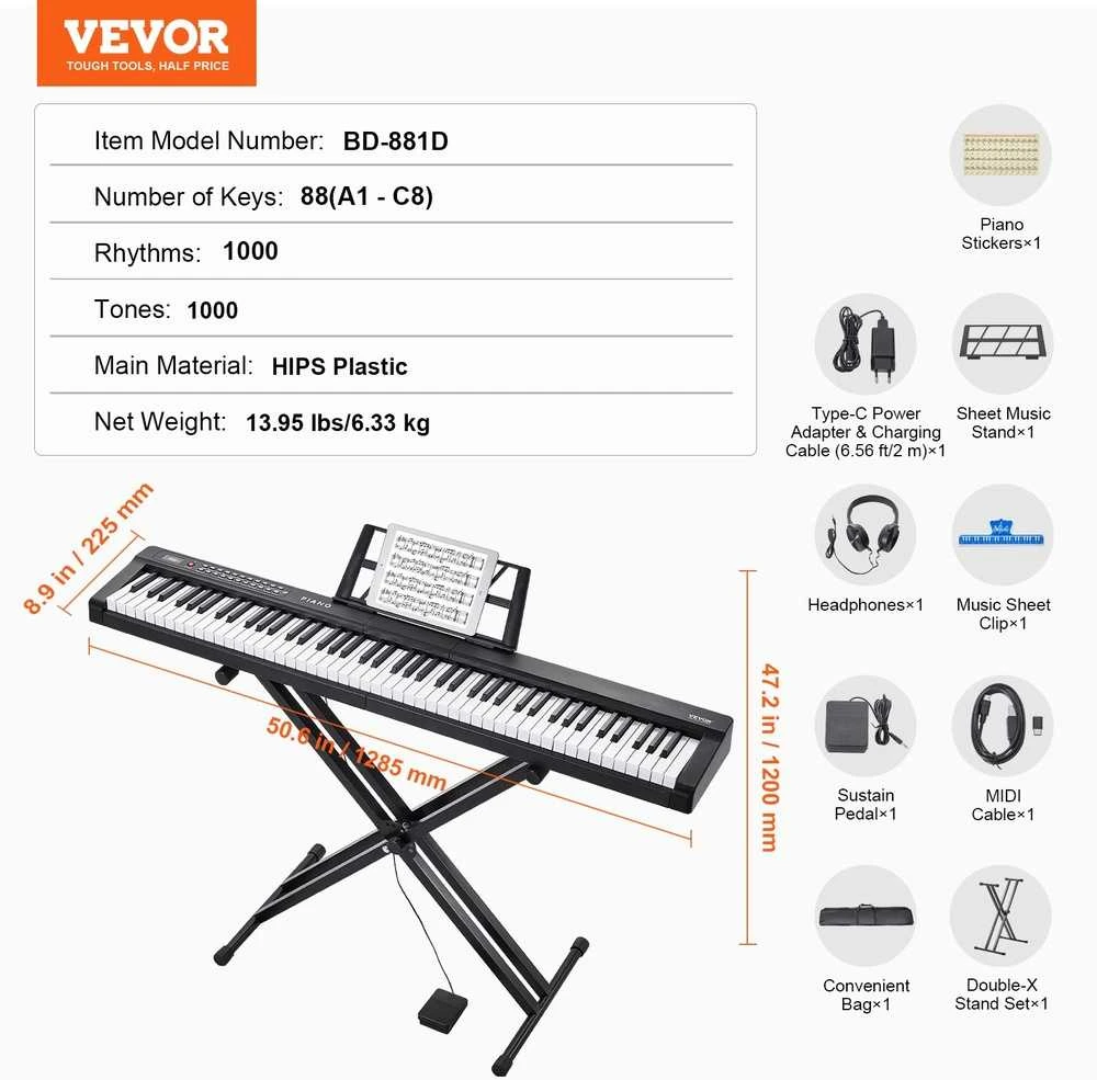 88 Klavišų Skaitmeninis Pianinas, Elektrinis Klaviatūra su Stovu Pradedantiesiems, Nešiojamas Pianinas su Ausinėmis, 1000 Tonų ir Ritmų, Pilno Dydžio Skaitmeninis Fortepijonas,