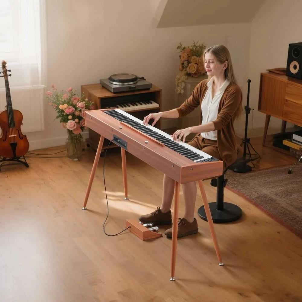 88 klavišų svertinis skaitmeninis pianinas, elektrinė klaviatūra su natų stovu, trigubu pedalu, pradedantiesiems, nešiojamas pianinas, medžio apdaila