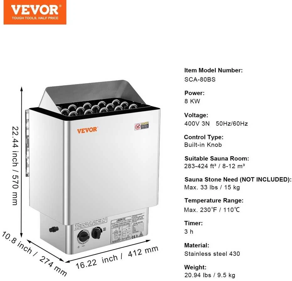 8kW elektrinis pirties šildytuvas, namų SPA, nerūdijantis plienas, įmontuotas valdymas, 8-12 m³ pirties šildytuvas, vidaus pirties šildytuvas