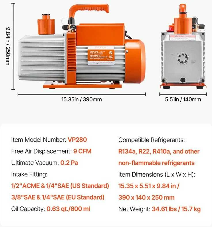 VEVOR 9 CFM dviejų pakopų vakuuminis siurblys
