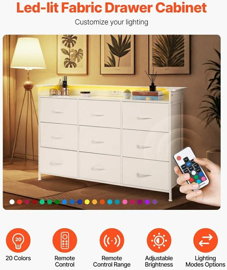VEVOR 9 stalčių aukšta komoda su LED ir elektros lizdais