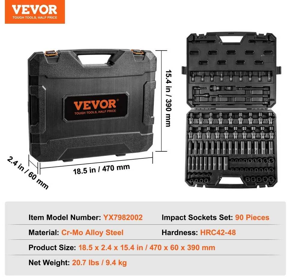 VEVOR 3/8" smūginiai galvučių rinkinys, 90 vnt.