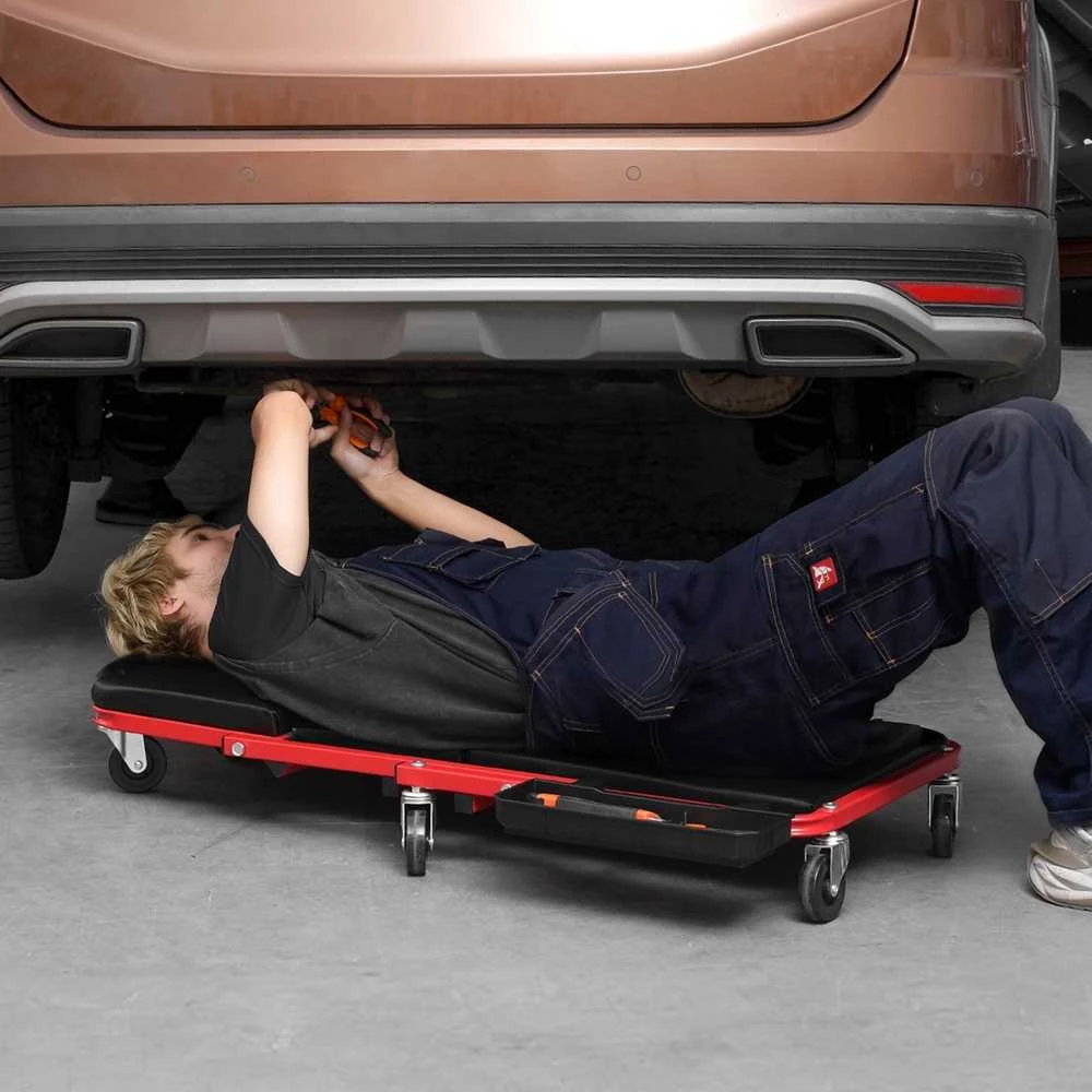 91,4 cm mechaniko garažo šliaužiklio kėdė su įrankių dėklu, sulankstomas mechaniko šliaužiklis, automobilių šliaužiklio kėdė, riedėjimo šliaužiklio sėdynė