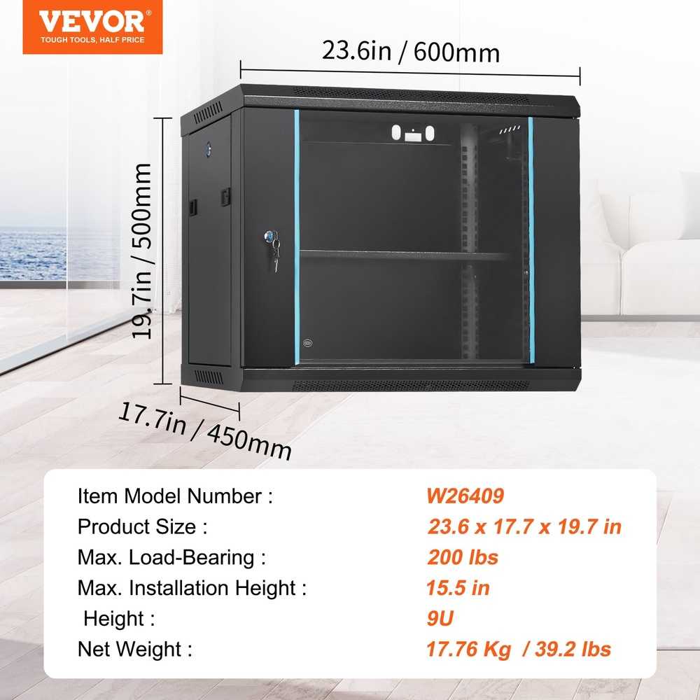 9U Sieninis serverių spintos korpusas, 39.4cm gylio, rakinamas, IT įrangai, serveriams