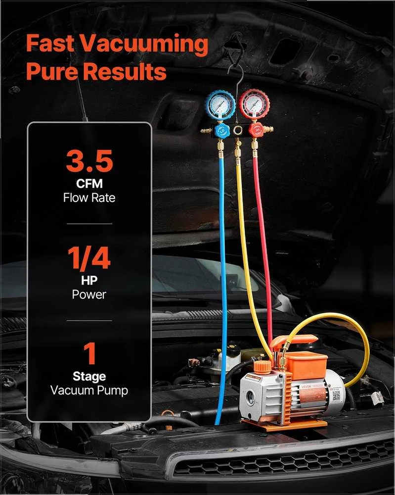 AC vakuuminis siurblys ir manometrų rinkinis, automobilių HVAC kondicionavimui, 3.5 CFM vienpakopis rotacinis siurblys, kolektoriaus manometrų komplektas, šaldymo įrangos įrankiai