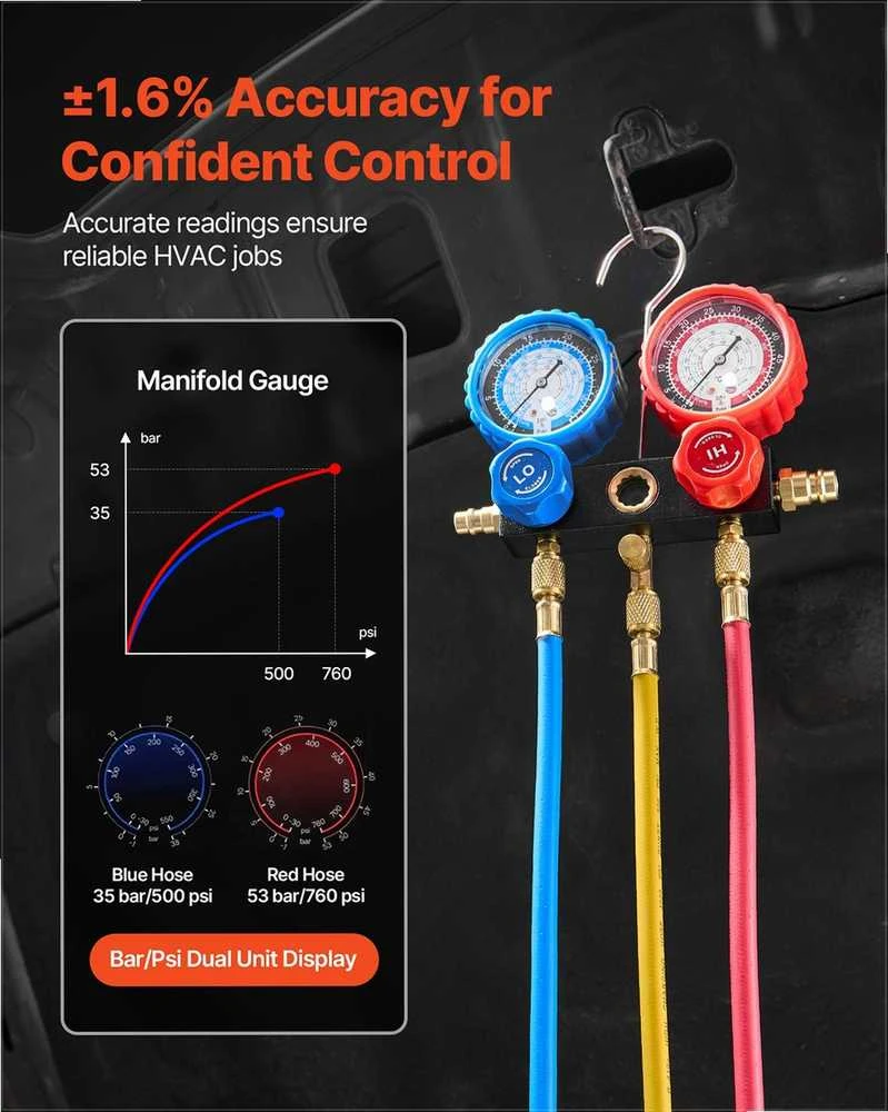 AC vakuuminis siurblys ir manometrų rinkinis, automobilių HVAC kondicionavimui, 3.5 CFM vienpakopis rotacinis siurblys, kolektoriaus manometrų komplektas, šaldymo įrangos įrankiai