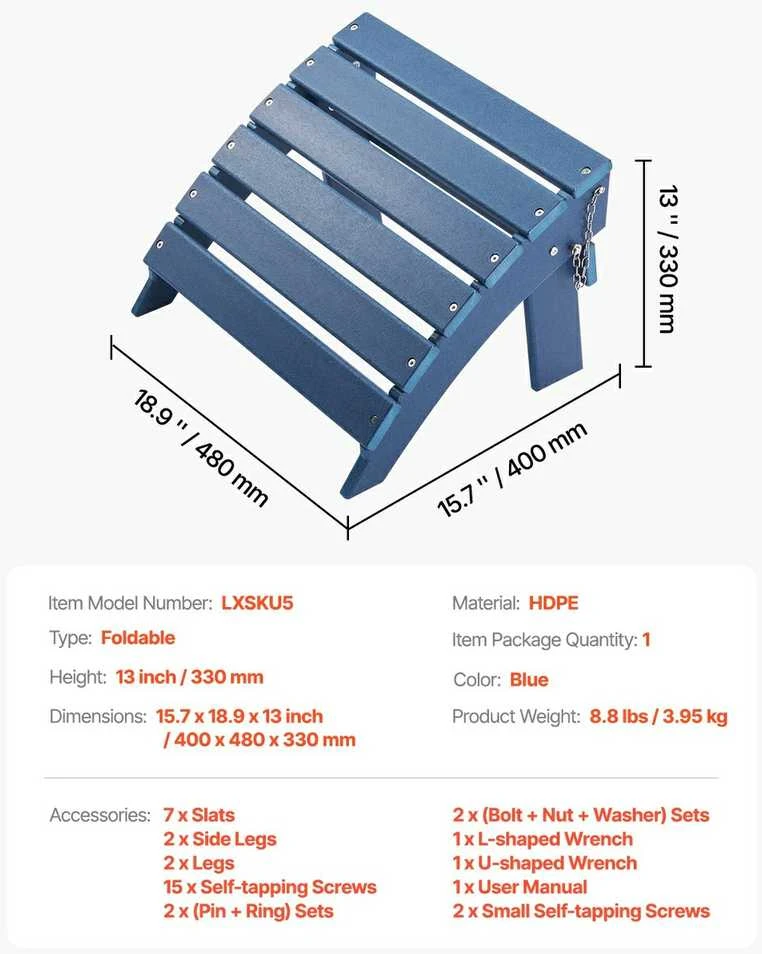 Adirondack pufas laukui, sulankstomas pakojis, mėlynas pakojis, 330 mm Adirondack pufas