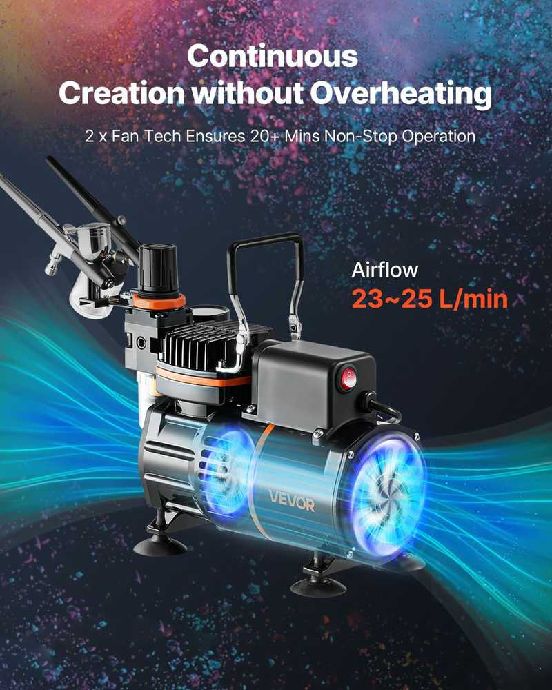 VEVOR Aerografas su kompresoriumi ir 3 purkštukais