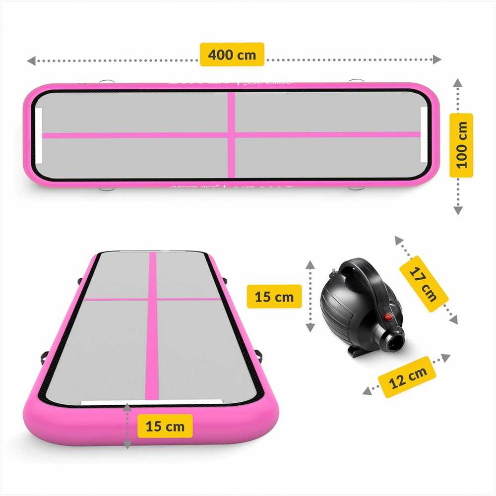 Akrobatikos oro kilimėlis, gimnastikos kilimėlis su elektrine pompa, rožinis treniruočių kilimėlis, 400 cm x 100 cm x 15 cm, patvarus PVC kilimėlis