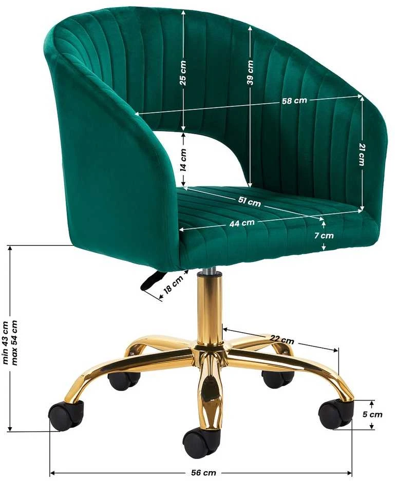 Aksominė biuro kėdė, reguliuojamo aukščio, pasukama, žalia akcentinė kėdė, ergonomiška darbo kėdė, grožio salono kėdė