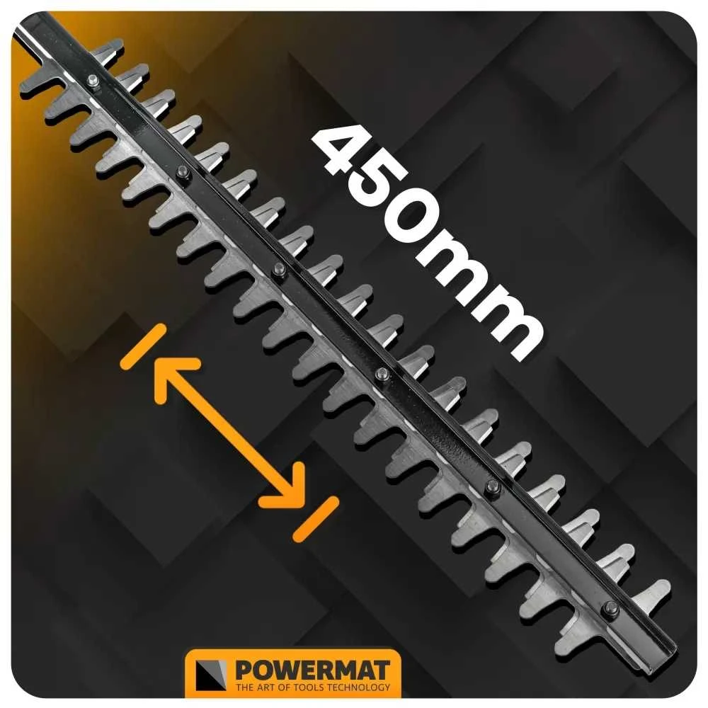 Powermat Akumuliatorinės gyvatvorių žirklės, 21V maitinamos akumuliatoriumi, 450mm ašmenų ilgis, su 2x 2Ah akumuliatoriais, sodo priežiūrai, krūmų formavimui ir topiarui