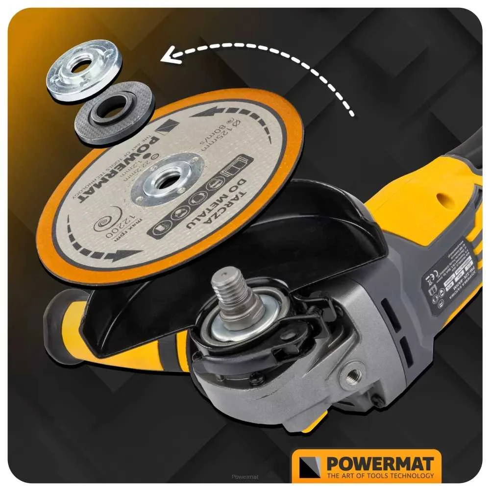 Akumuliatorinis kampinis šlifuoklis PowerMat, 21V Li-ion 125mm