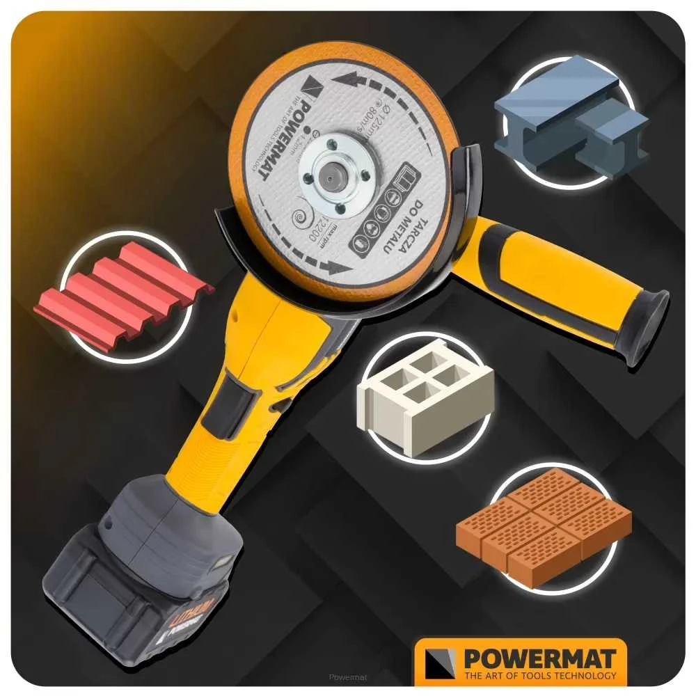 Akumuliatorinis kampinis šlifuoklis PowerMat, 21V Li-ion 125mm