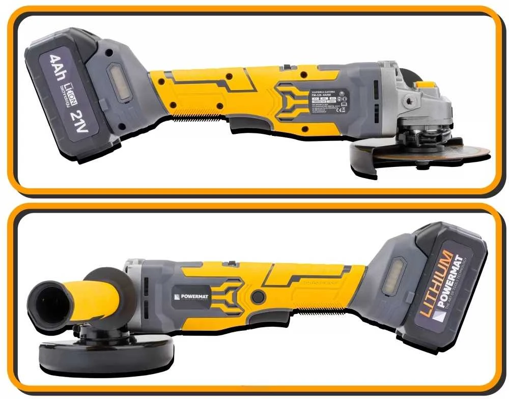 Akumuliatorinis kampinis šlifuoklis PowerMat, 21V Li-ion 125mm