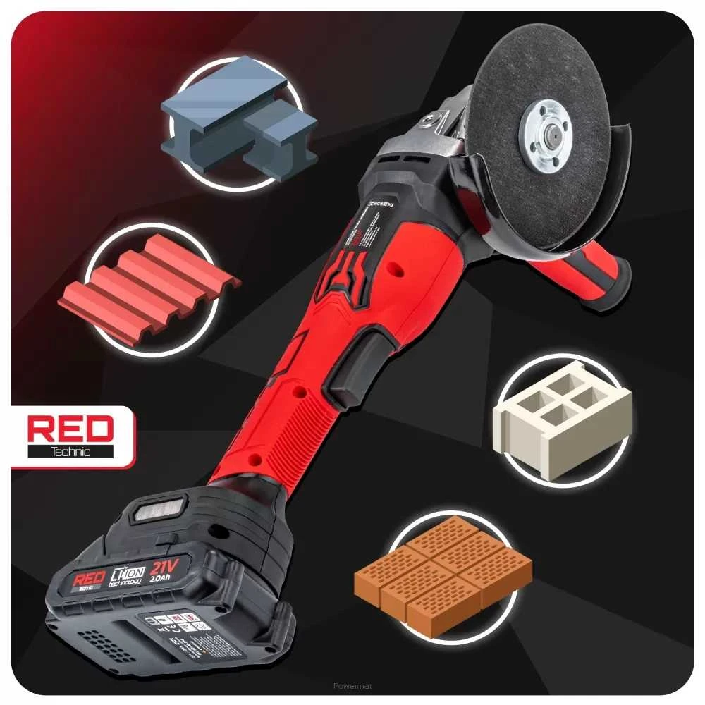 Red Technic Akumuliatorinis kampinis šlifuoklis Raudona Technic RTSZK0140, 21V Li-ion 125mm