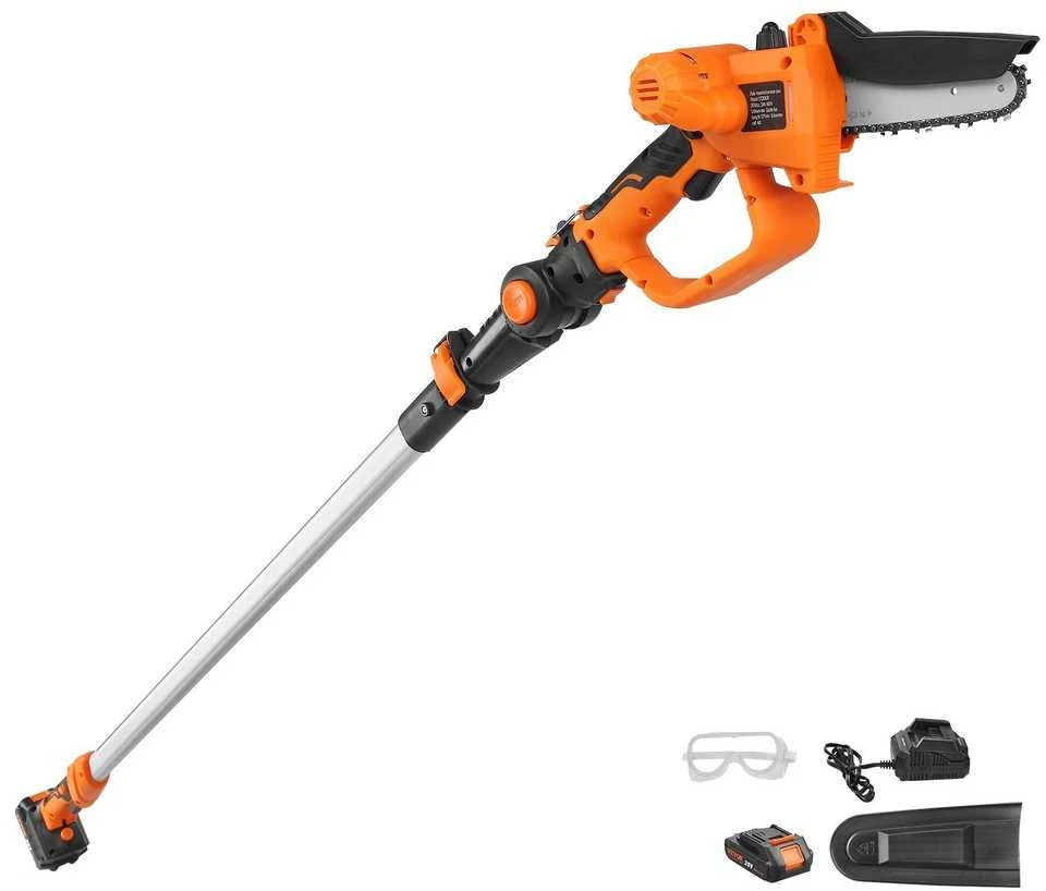 Akumuliatorinis kotinis pjūklas ir mini grandininis pjūklas, 20 V 2 Ah, 12.7 cm pjovimo gylis, 2.43 m ilgis, šakų genėjimui, medžių priežiūrai, aukštapjovė