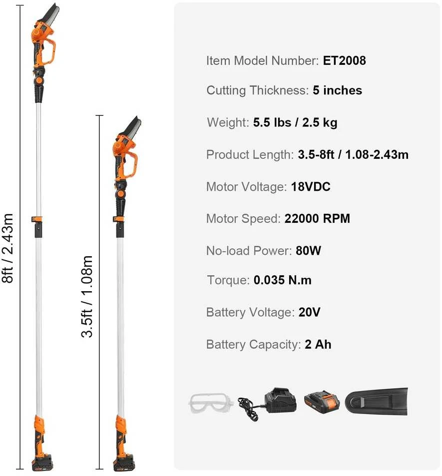 Akumuliatorinis kotinis pjūklas ir mini grandininis pjūklas, 20 V 2 Ah, 12.7 cm pjovimo gylis, 2.43 m ilgis, šakų genėjimui, medžių priežiūrai, aukštapjovė