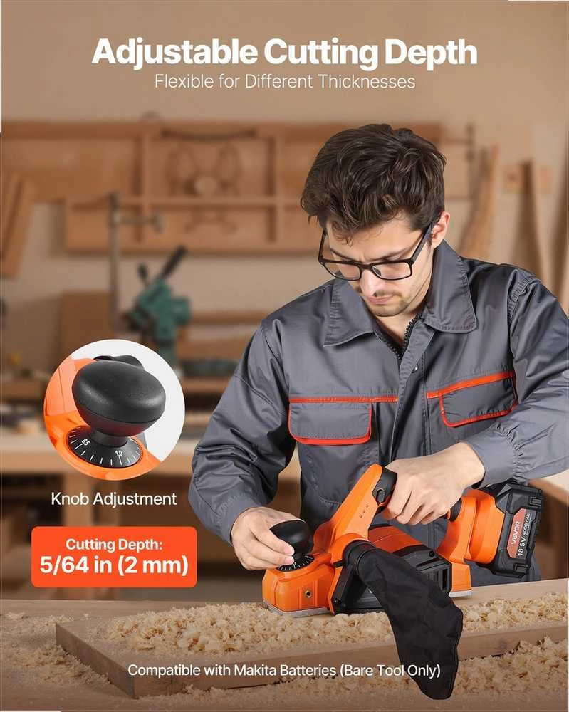 Akumuliatorinis rankinis oblius medienos apdirbimui, 82 mm pjovimo plotis, 15000 RPM elektrinis medžio oblius su bešepetėliu varikliu, reguliuojamas pjovimo gylis, rankinis oblius medžiui, staliaus įrankis