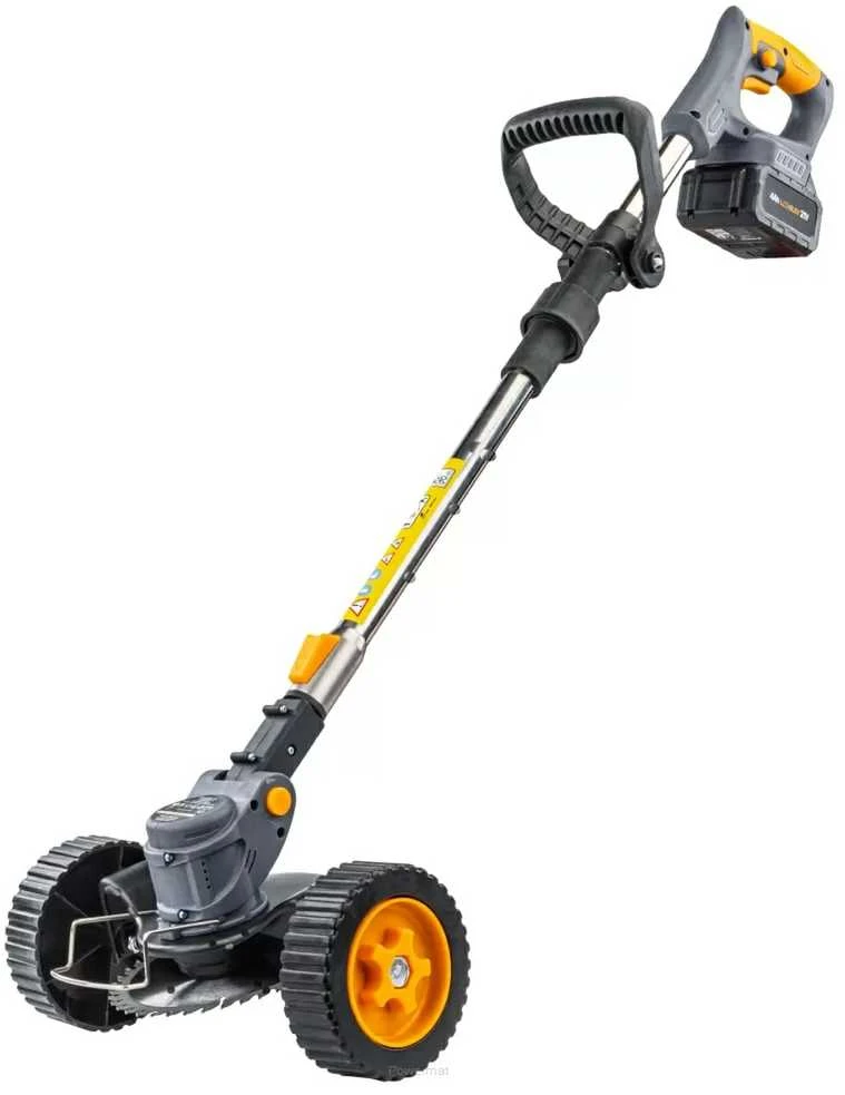 Powermat Akumuliatorinis žolės trimeris, 21V, su 2x 4Ah baterijomis, ratais, reguliuojamu ilgiu, sodo kraštų ir vejos pjovimui