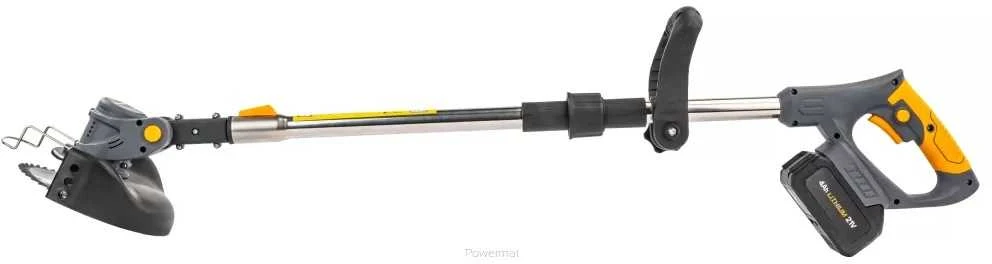 Powermat Akumuliatorinis žolės trimeris, 21V, su 2x 4Ah baterijomis, ratais, reguliuojamu ilgiu, sodo kraštų ir vejos pjovimui