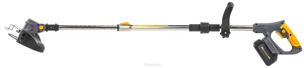 Powermat Akumuliatorinis žolės trimeris, 21V, su 2x 4Ah baterijomis, ratais, reguliuojamu ilgiu, sodo kraštų ir vejos pjovimui