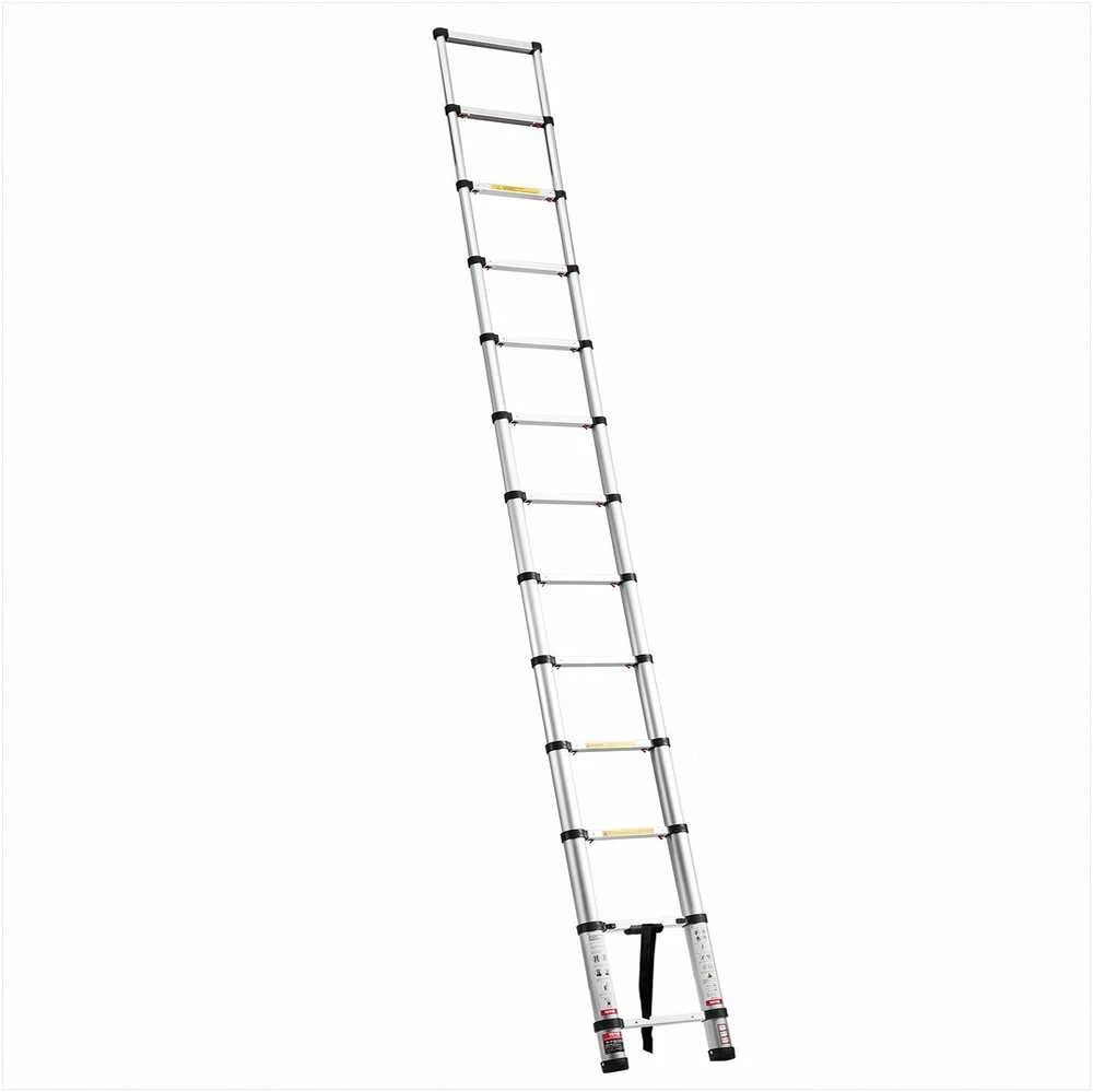 Aliuminės teleskopinės kopėčios namams ir laukui, sulankstomos išstumiamos kopėčios, vieno paspaudimo sutraukimas, 150kg apkrova, neslystančios kojelės, 3.74m aukštis