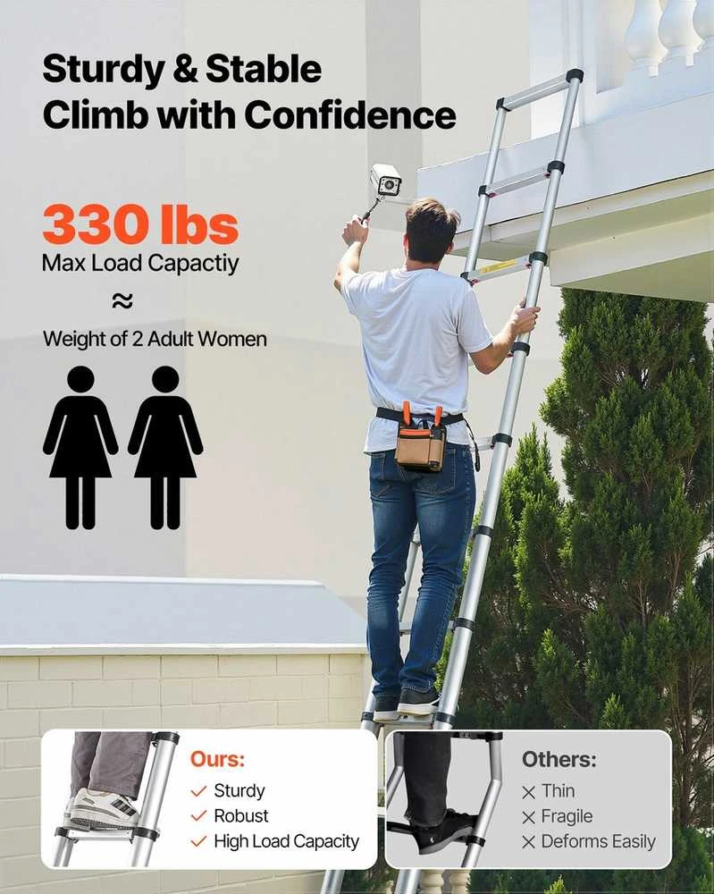 Aliuminės teleskopinės kopėčios namams ir laukui, sulankstomos išstumiamos kopėčios, vieno paspaudimo sutraukimas, 150kg apkrova, neslystančios kojelės, 3.74m aukštis