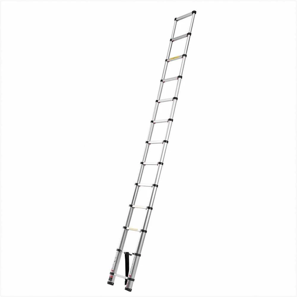 Aliuminės teleskopinės kopėčios namams ir laukui, sulankstomos išstumiamos kopėčios, vieno paspaudimo sutraukimas, 150kg apkrova, neslystančios kojelės, 3.74m aukštis