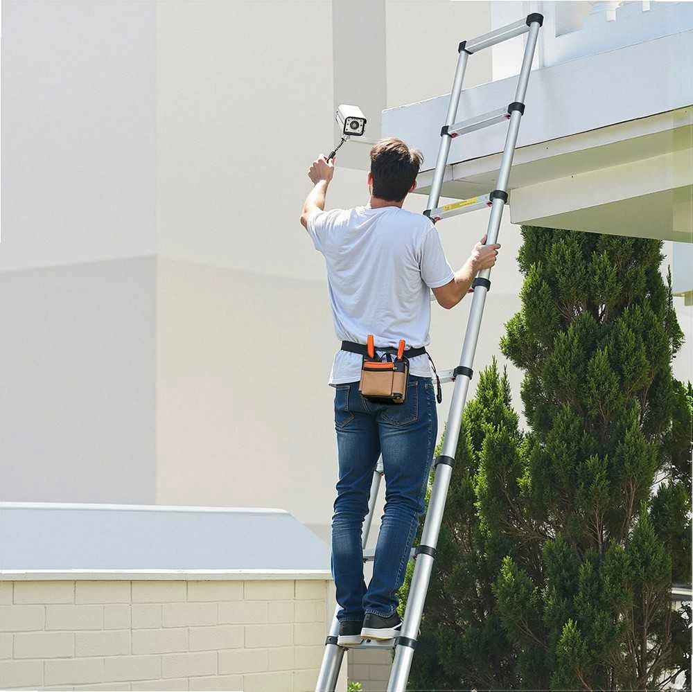Aliuminės teleskopinės kopėčios namams ir laukui, sulankstomos išstumiamos kopėčios, vieno paspaudimo sutraukimas, 150kg apkrova, neslystančios kojelės, 3.74m aukštis