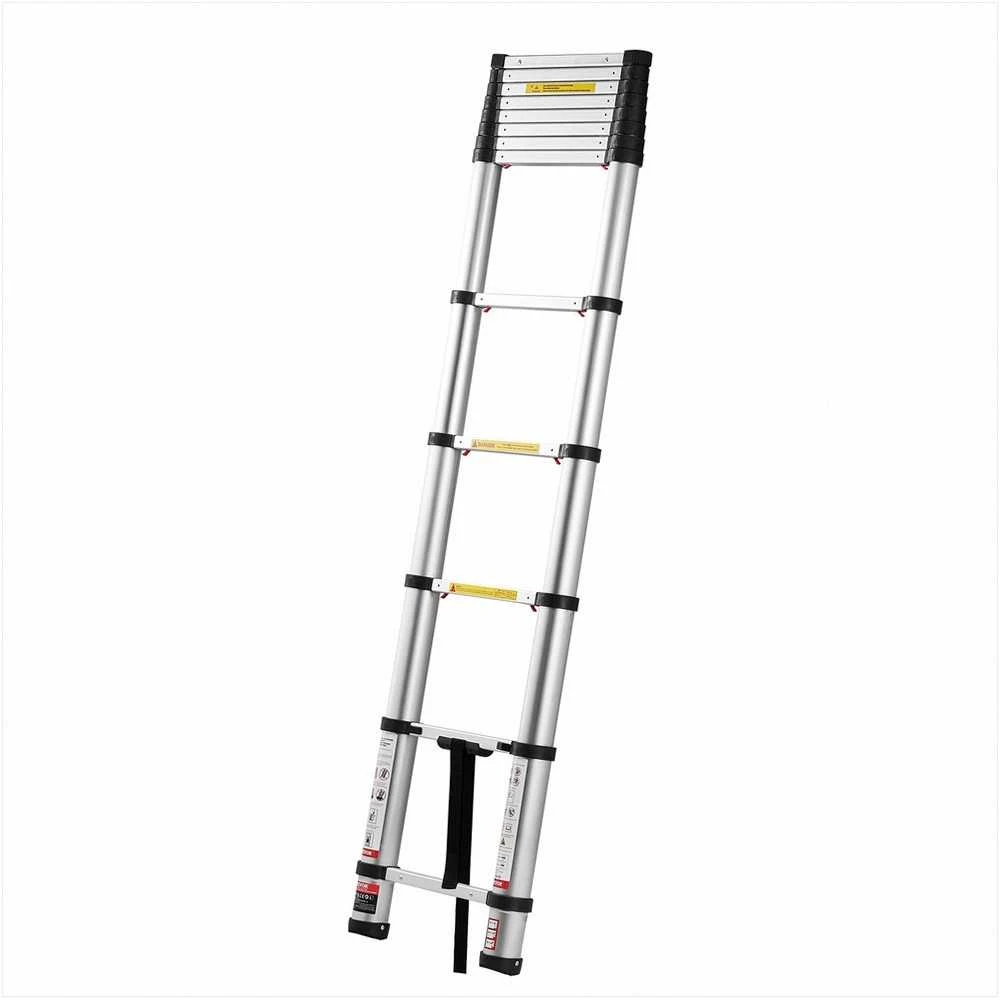 Aliuminės teleskopinės kopėčios namams ir laukui, sulankstomos išstumiamos kopėčios, vieno paspaudimo sutraukimas, 150kg apkrova, neslystančios kojelės, 3.74m aukštis